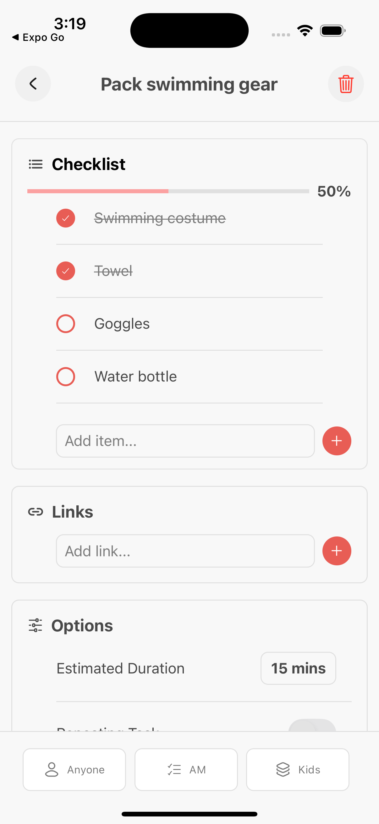 Task details with checklist