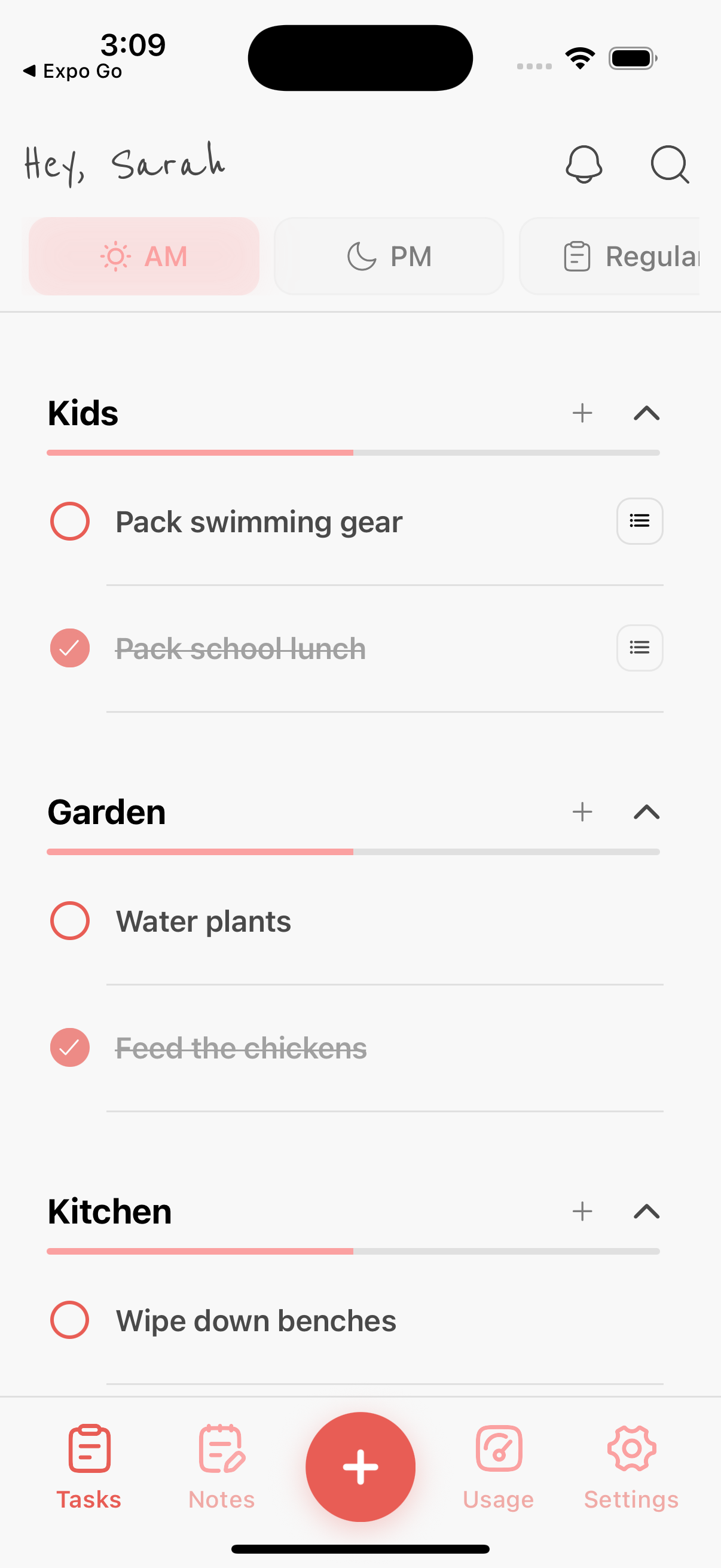 Mental app interface showing task categories